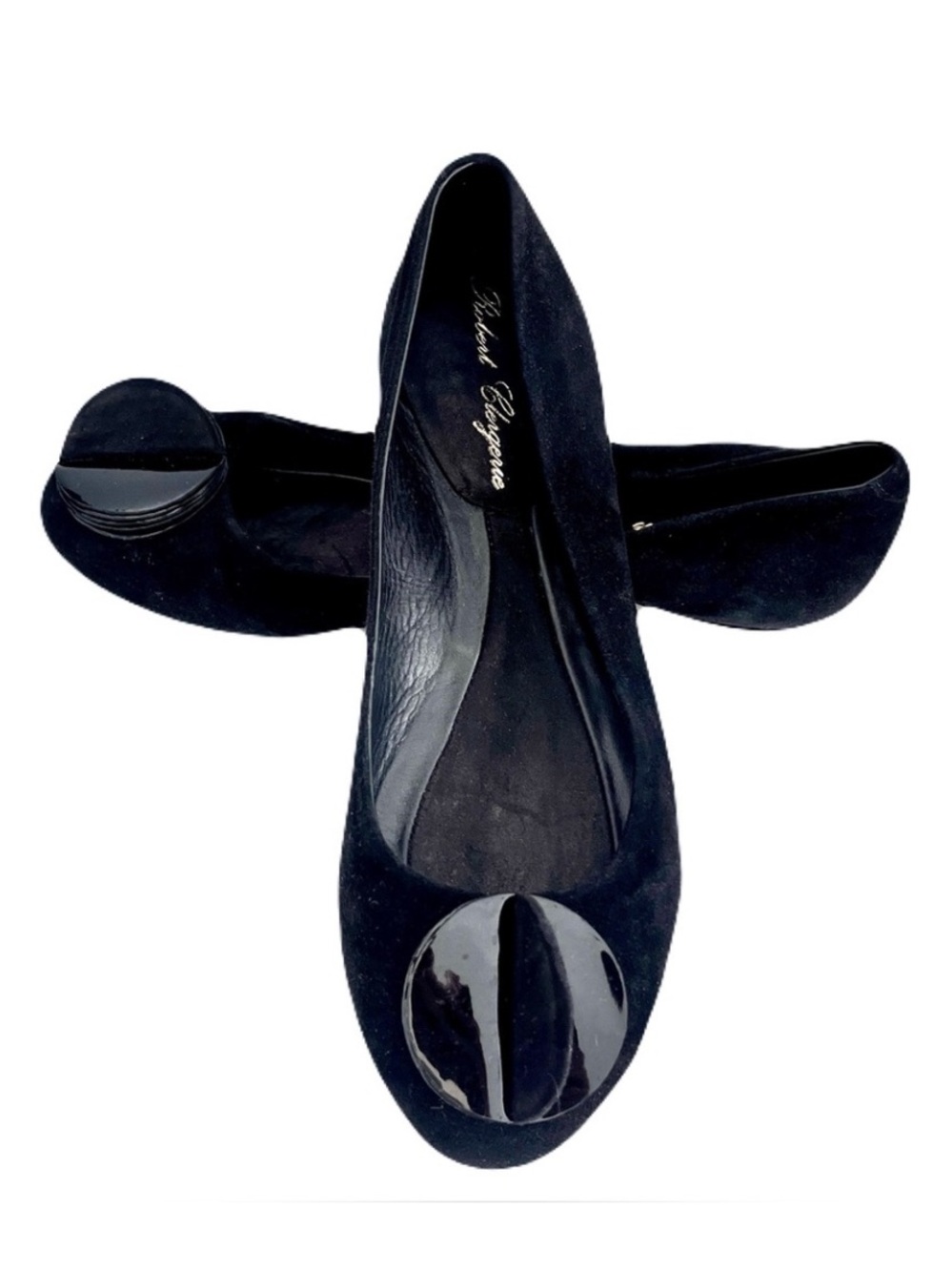 Robert Clergerie Black Suede Ballet Flats w/ Architectural Domed Sundial, Size 9